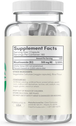 Vitamin B3 Nicotinamide 500mg - High Absorption Form of Vitamin B3 Niacin Flush Free for Hear Skin Brain and Energy Support - NAD Precursor - Made in a cGMP American Facility (180 Servings)