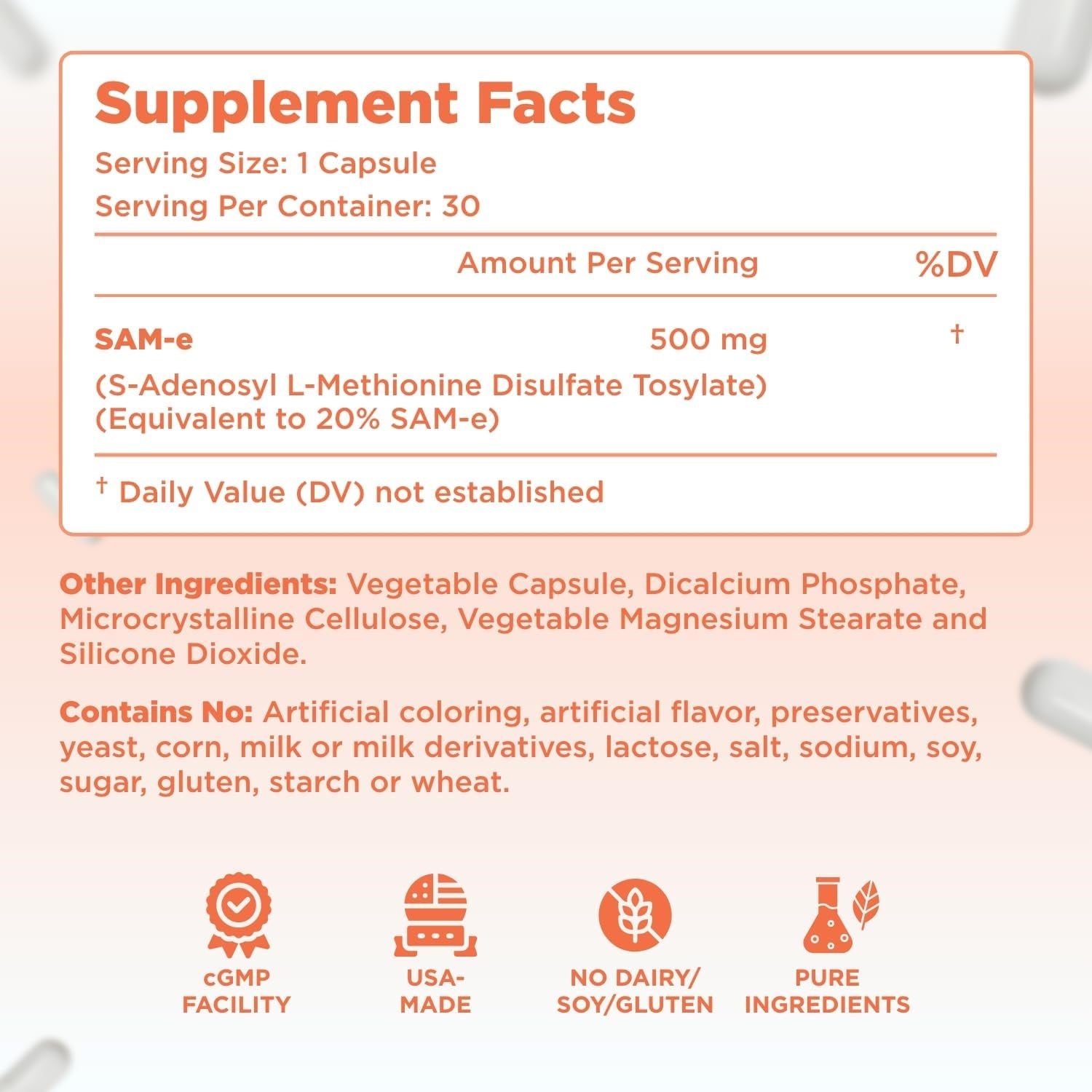 Bioactive SAM-e 500mg - High Strength SAM-e Supplement with Biologically Active S,S Form for Joint Liver and Mood Support - Vegan Non-GMO Preservative Free - Made in the US
