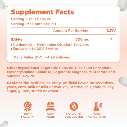 Bioactive SAM-e 500mg - High Strength SAM-e Supplement with Biologically Active S,S Form for Joint Liver and Mood Support - Vegan Non-GMO Preservative Free - Made in the US