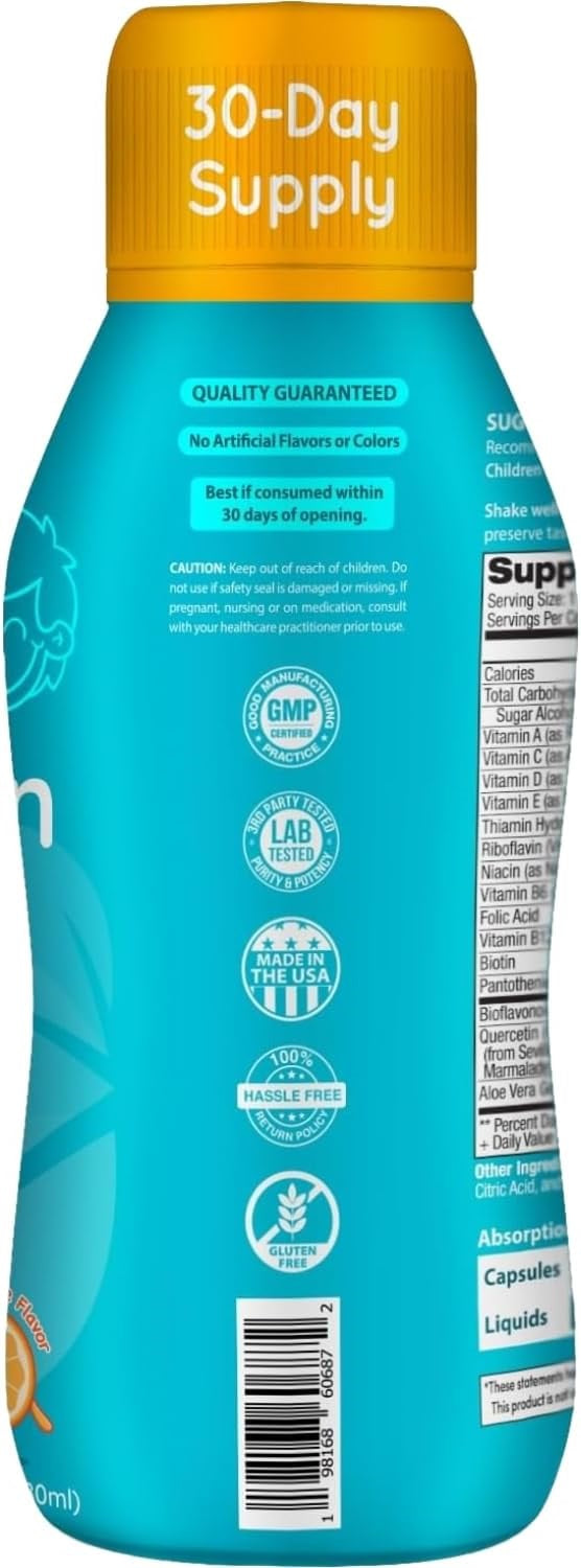 Sugar Free Liquid Multivitamin for Kids - High Absorption Kids Liquid Multivitamin with Vitamins A C D E & B Complex Plus Quercetin Immune Support Complex - 3rd Party Tested - Orange Flavor (1 Month)