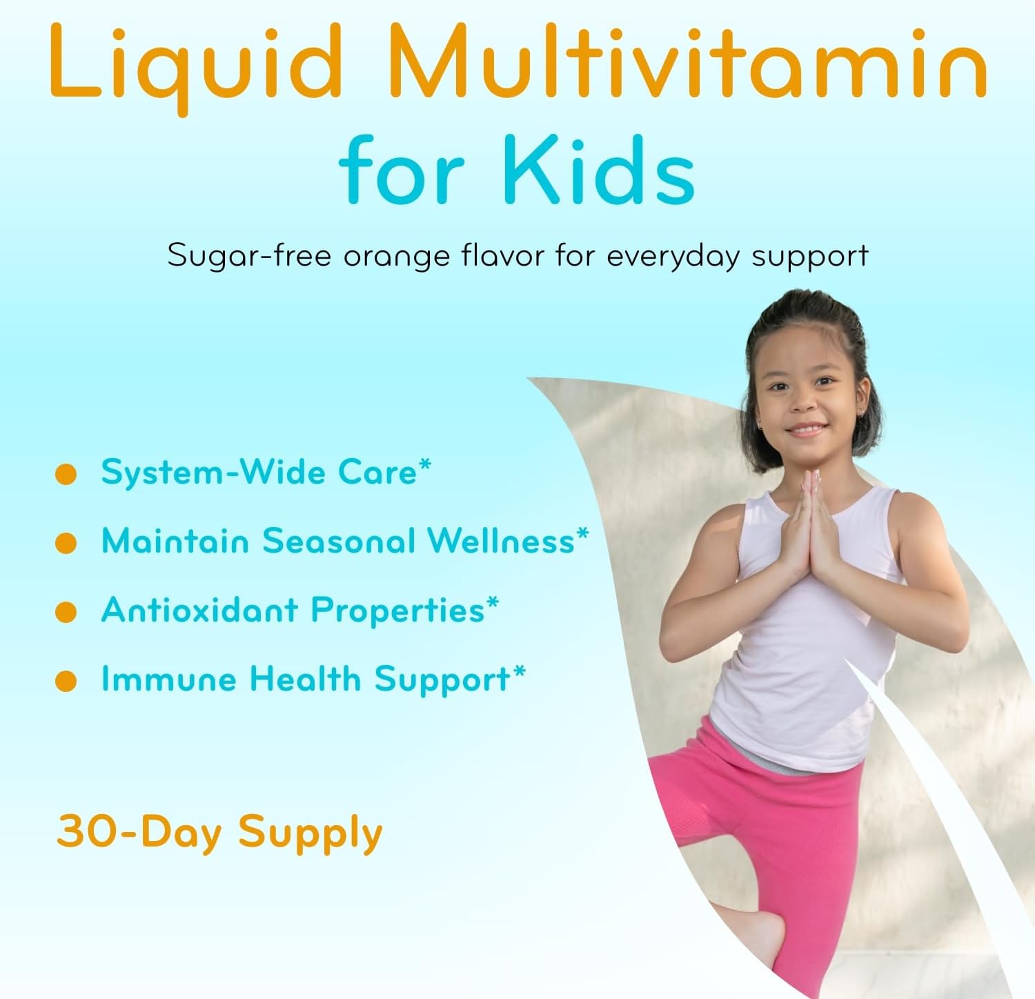 Sugar Free Liquid Multivitamin for Kids - High Absorption Kids Liquid Multivitamin with Vitamins A C D E & B Complex Plus Quercetin Immune Support Complex - 3rd Party Tested - Orange Flavor (1 Month)