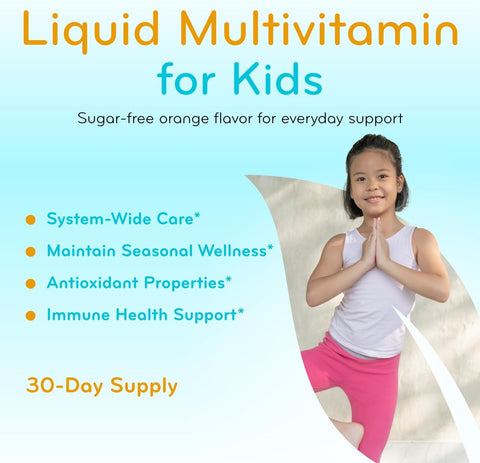 Sugar Free Liquid Multivitamin for Kids - High Absorption Kids Liquid Multivitamin with Vitamins A C D E & B Complex Plus Quercetin Immune Support Complex - 3rd Party Tested - Orange Flavor (1 Month)