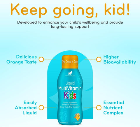 Sugar Free Liquid Multivitamin for Kids - High Absorption Kids Liquid Multivitamin with Vitamins A C D E & B Complex Plus Quercetin Immune Support Complex - 3rd Party Tested - Orange Flavor (1 Month)