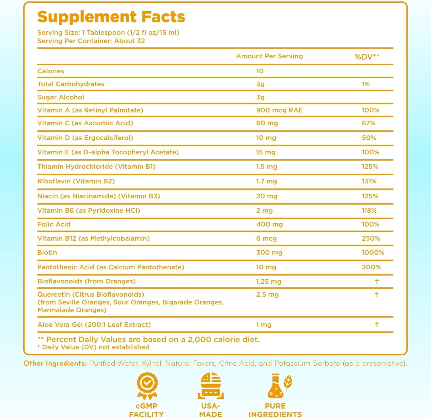 Sugar Free Liquid Multivitamin for Kids - High Absorption Kids Liquid Multivitamin with Vitamins A C D E & B Complex Plus Quercetin Immune Support Complex - 3rd Party Tested - Orange Flavor (1 Month)
