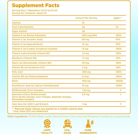 Sugar Free Liquid Multivitamin for Kids - High Absorption Kids Liquid Multivitamin with Vitamins A C D E & B Complex Plus Quercetin Immune Support Complex - 3rd Party Tested - Orange Flavor (1 Month)