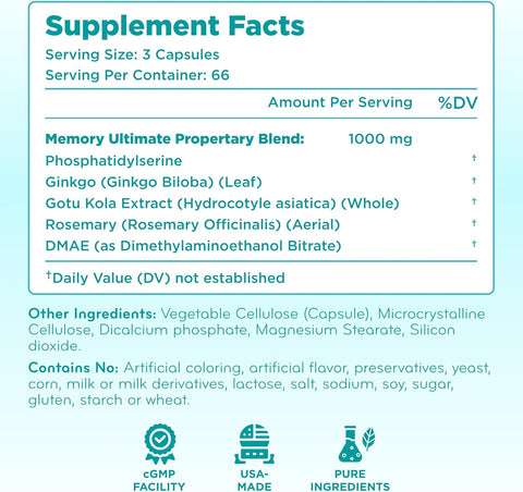Phosphatidylserine Nootropics Brain Support Supplement - Advanced Memory Supplement for Brain Function Support with DMAE Gotu Kola and Ginkgo Biloba - Non-GMO Vegan & Made in The US (60+ Servings)