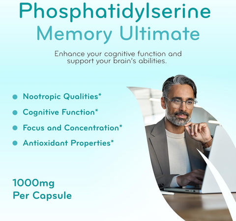 Phosphatidylserine Nootropics Brain Support Supplement - Advanced Memory Supplement for Brain Function Support with DMAE Gotu Kola and Ginkgo Biloba - Non-GMO Vegan & Made in The US (60+ Servings)