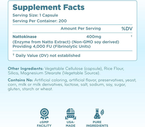 Nattokinase 4000 FU Enzyme Supplement - Double Strength Nattokinase Supplement from High Potency Non-GMO Gluten Free Natto Extract - 1 Capsule Serving - (200 Servings)