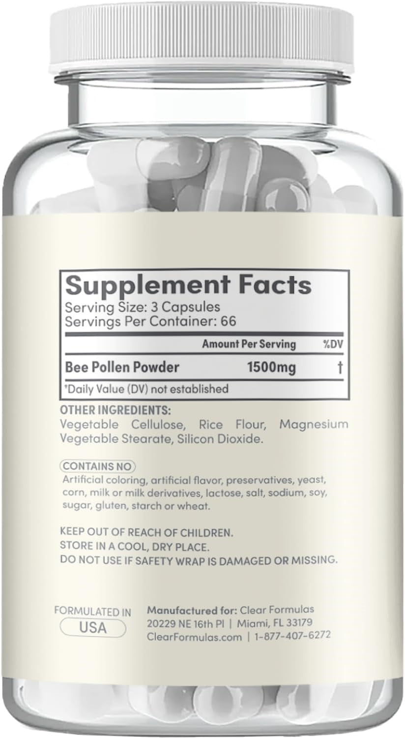 High Strength Bee Pollen Supplement - Natural Superfood Bee Pollen Capsules with Rich Nutrient Profile with Vitamins Minerals and Antioxidants - 1500mg Serving - Made in The US (200 Capsules)