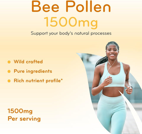 High Strength Bee Pollen Supplement - Natural Superfood Bee Pollen Capsules with Rich Nutrient Profile with Vitamins Minerals and Antioxidants - 1500mg Serving - Made in The US (200 Capsules)