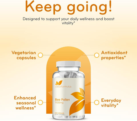 High Strength Bee Pollen Supplement - Natural Superfood Bee Pollen Capsules with Rich Nutrient Profile with Vitamins Minerals and Antioxidants - 1500mg Serving - Made in The US (200 Capsules)