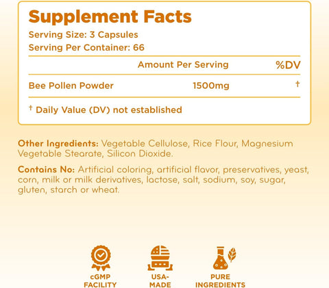 High Strength Bee Pollen Supplement - Natural Superfood Bee Pollen Capsules with Rich Nutrient Profile with Vitamins Minerals and Antioxidants - 1500mg Serving - Made in The US (200 Capsules)