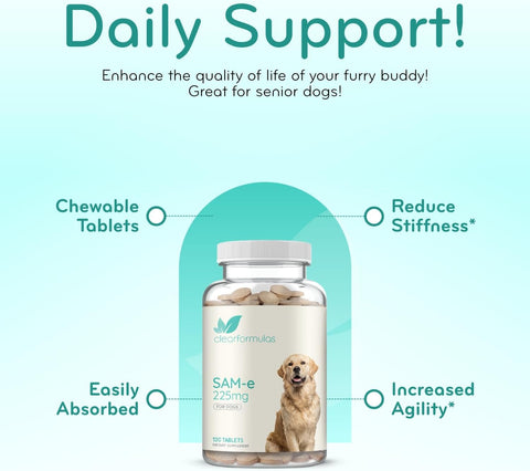 Liver Support for Dogs with SAM-e - Chewable SAM-e for Dogs Bone Mood Joint Brain and Liver Support Supplement with Easy Absorption 225mg S-Adenosyl-L-Methionine - Made in a cGMP US Lab (Single)