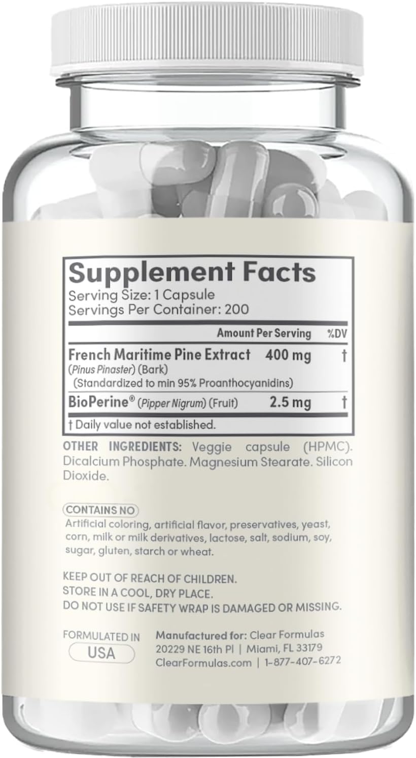 French Maritime Pine Bark Extract Capsules - Antioxidant French Pine Bark Extract Support Nitric Oxide and Testosterone for Men with 95% PACs & BioPerine for Enhanced Absorption (200 Servings)