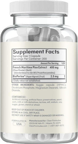 French Maritime Pine Bark Extract Capsules - Antioxidant French Pine Bark Extract Support Nitric Oxide and Testosterone for Men with 95% PACs & BioPerine for Enhanced Absorption (200 Servings)