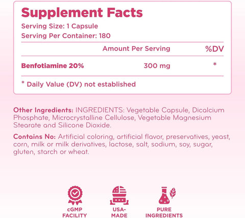 High Absorption Vitamin B1 Benfotiamine 300mg - Benfotiamine Supplement for Glycation Heart and Nerve Support - Vegan Non-GMO & Gluten Free Fat Soluble Thiamine B1 Supplement (180 Servings)