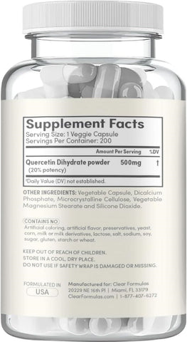 High Strength Quercetin 500mg Capsules - Quercetin Dihydrate Potent Flavonoid Antioxidant and Nutraceutical for Heart and Immune Support - Vegan Friendly - Made in a cGMP US Lab (200 Servings)