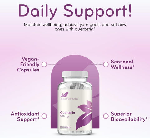 High Strength Quercetin 500mg Capsules - Quercetin Dihydrate Potent Flavonoid Antioxidant and Nutraceutical for Heart and Immune Support - Vegan Friendly - Made in a cGMP US Lab (200 Servings)