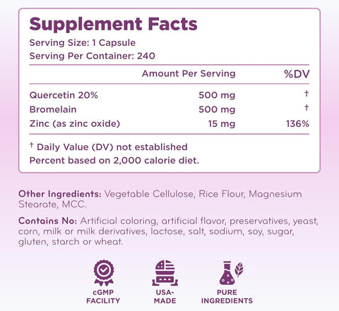 Advanced Zinc Quercetin with Bromelain Formula - Triple Immune Support Quercetin Complex for Daily and Seasonal Immune System Wellness Support - Made in a cGMP American Facility (480 Servings)