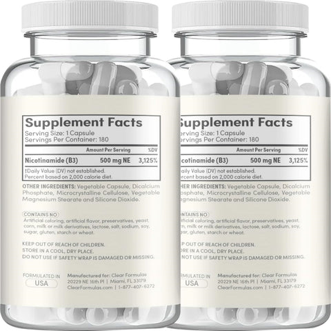 ClearFormulas Nicotinamide 500mg (360 Veggie Capsules) (2 Pack) Vitamin B3