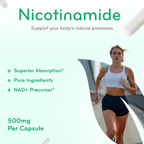 Vitamin B3 Nicotinamide 500mg - High Absorption Form of Vitamin B3 Niacin Flush Free for Hear Skin Brain and Energy Support - NAD Precursor - Made in a cGMP American Facility (180 Servings)