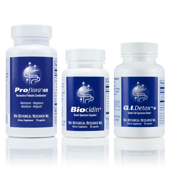 Front of Bioclear Proflora 4R, Biocidin and G.I. Detox bottles.