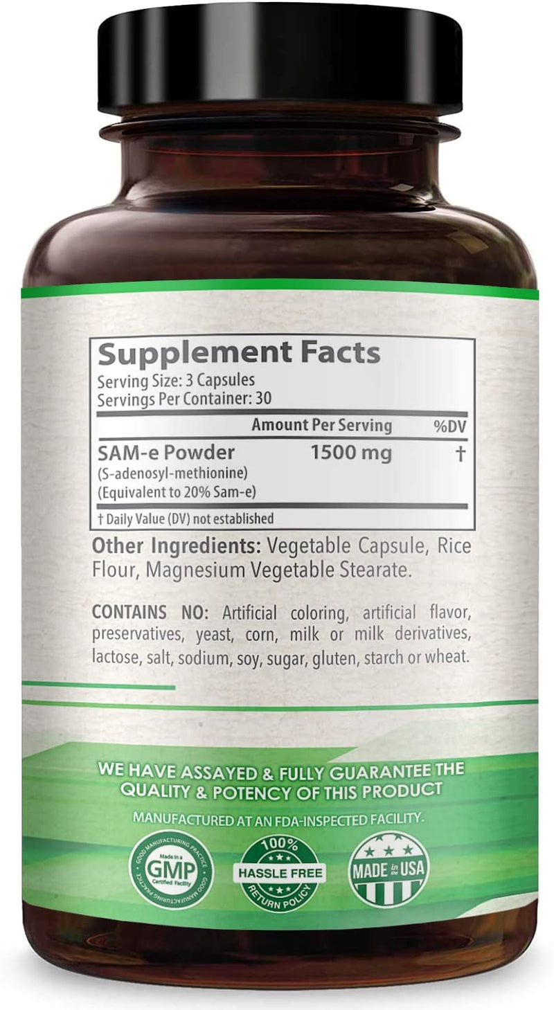 SAM-e 1500mg supplement facts and ingredients label on back of bottle.