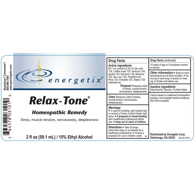 Energetix Relax Tone Homeopathic Remedy drug facts, uses, warnings, directions, other info, inactive ingredients and distributor label.