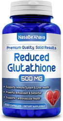 Front of NasaBe'Ahava Reduced Glutathione 500mg dietary supplement bottle.