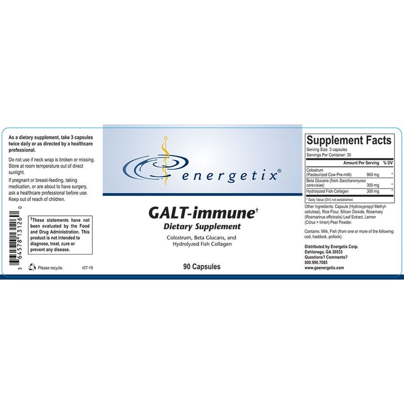 Energetix Galt-Immune dietary supplement facts, ingredients and caution label.