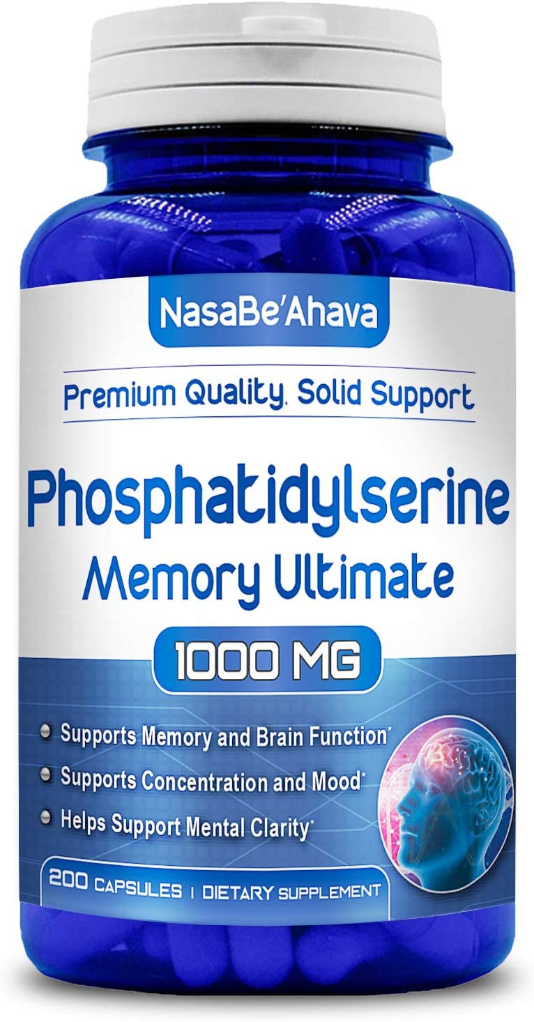 Front of NasaBe'Ahava Phosphatidylserine Memory Ultimate 1000mg dietary supplement bottle.