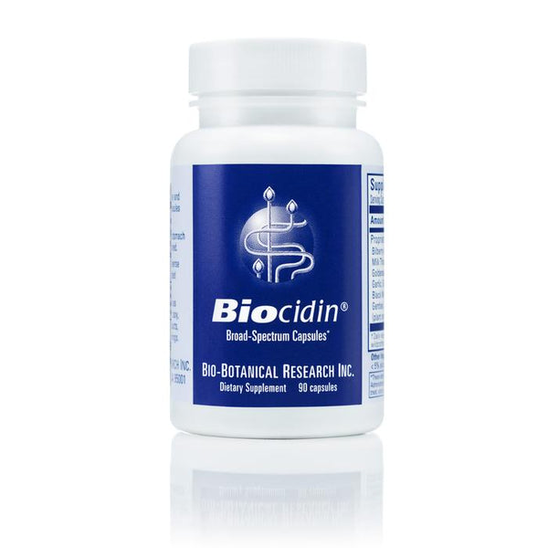 Front of Biocidin Broad-Spectrum Capsules bottle.