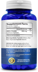 SAM-e 400mg supplement facts and ingredients label on back of bottle.