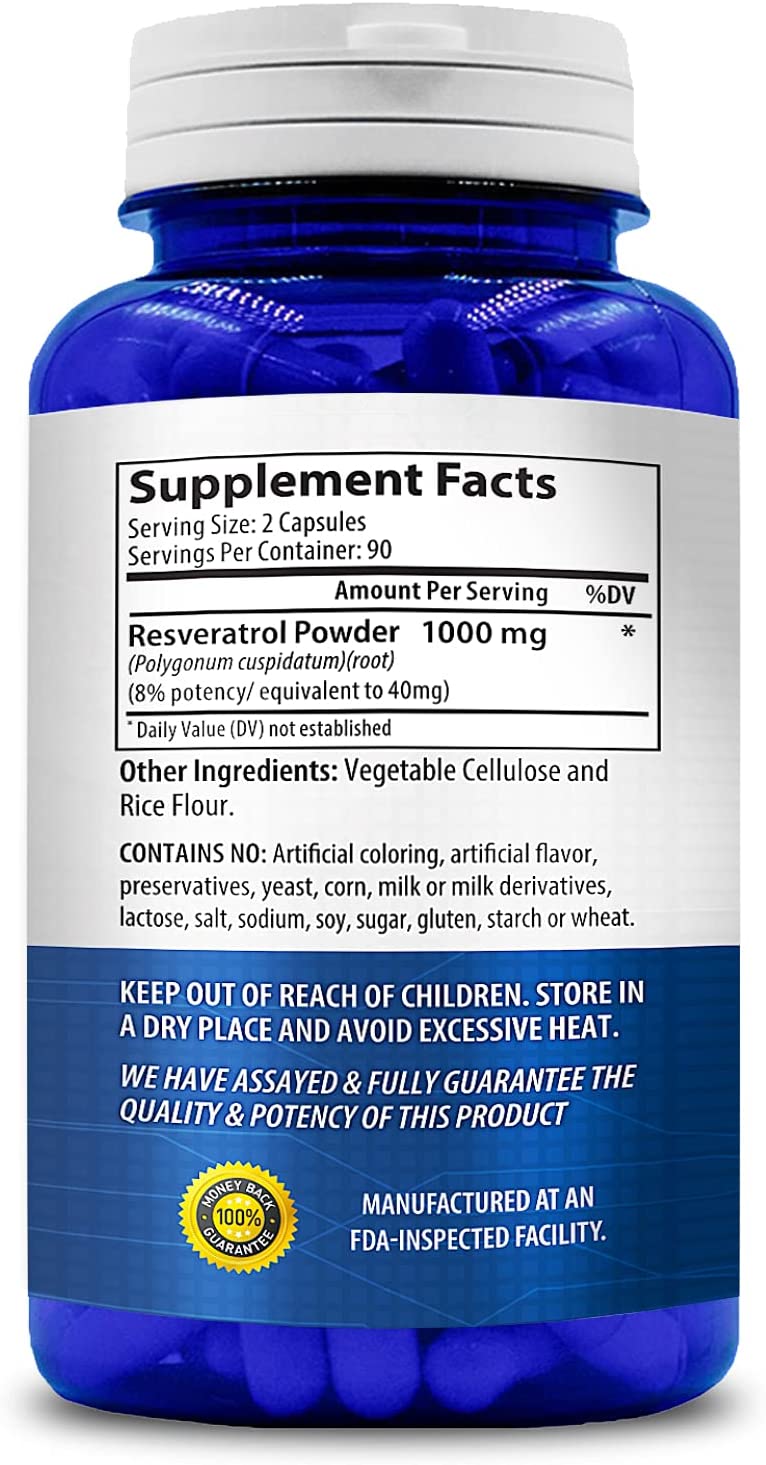 Resveratrol 1000mg supplement facts and ingredients label on back of bottle.