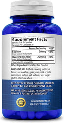 Hyaluronic Acid 200mg supplement facts and ingredients label on back of bottle.