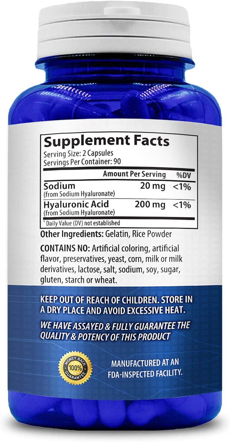 Hyaluronic Acid 200mg supplement facts and ingredients label on back of bottle.