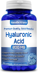 Front of NasaBe'Ahava Hyaluronic Acid 200mg dietary supplement bottle.