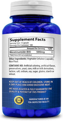 Nicotinamide 500mg supplement facts and ingredients label on back of bottle.