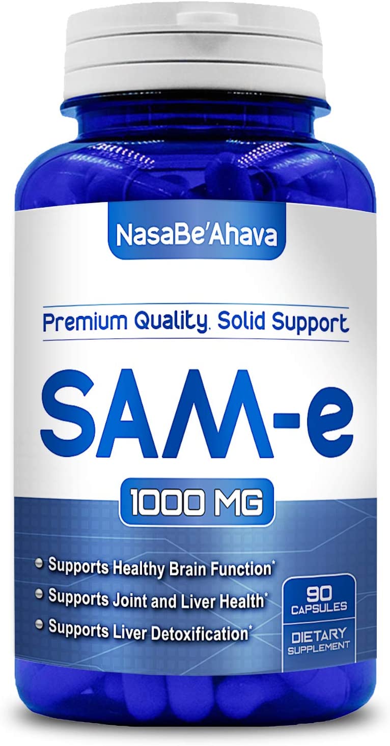Front of NasaBe'Ahava SAM-e 1000mg dietary supplement bottle.