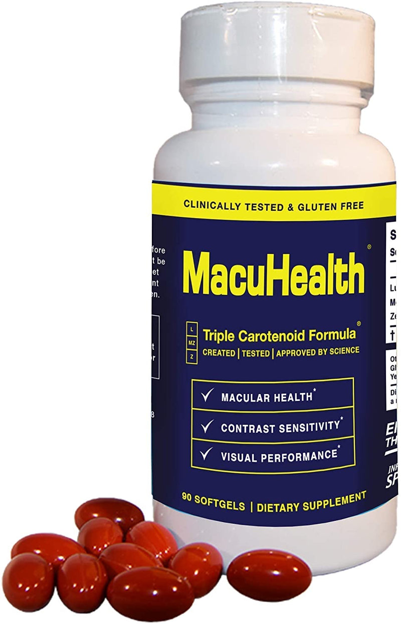 Front of MacuHealth Triple Carotenoid Formula dietary supplement bottle.