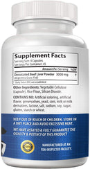 Grass Fed Beef Liver supplement facts and ingredients label on back of bottle.