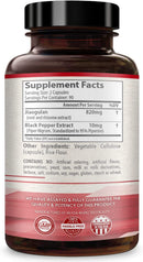Jiaogulan 820mg supplement facts and ingredients label on back of bottle.