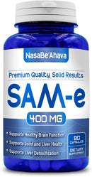 Front of NasaBE'Ahava SAM-e 400mg dietary supplement bottle.