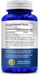 Astaxanthin 10mg supplement facts, ingredients and manufacturer label on back of bottle.