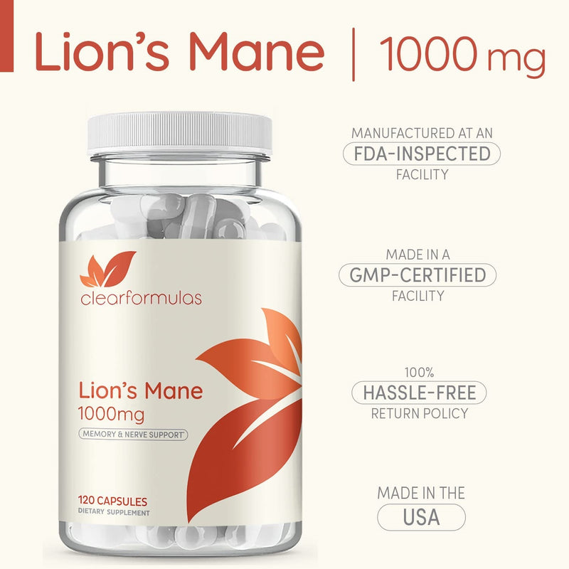 Clear Formulas Lions Mane Mushroom Capsules, Brain and Focus Supplements, Non GMO and Gluten Free 120 Capsules