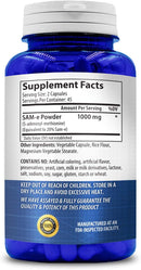 SAM-e 1000mg supplement facts and ingredients label on back of bottle.
