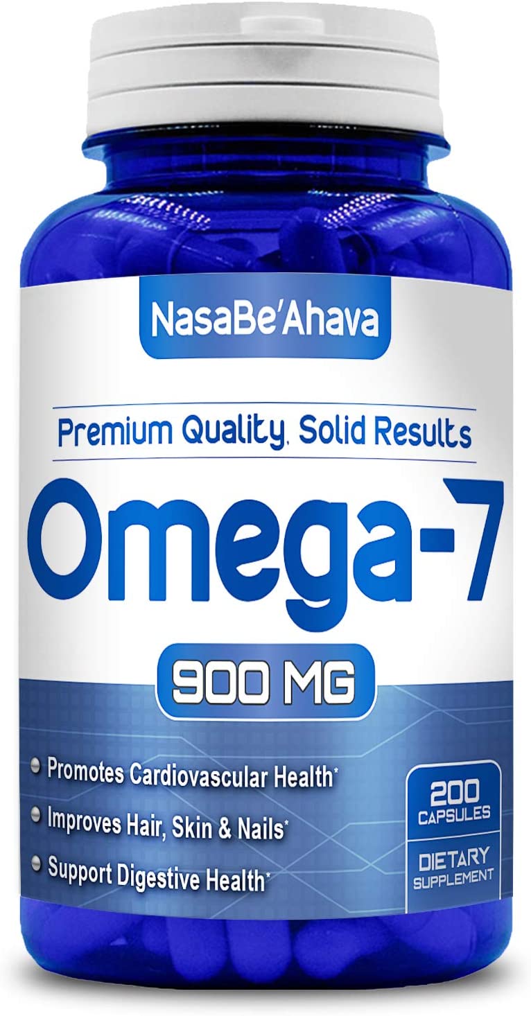 Front of NasaBe'Ahava Omega-7 900mg dietary supplement bottle.