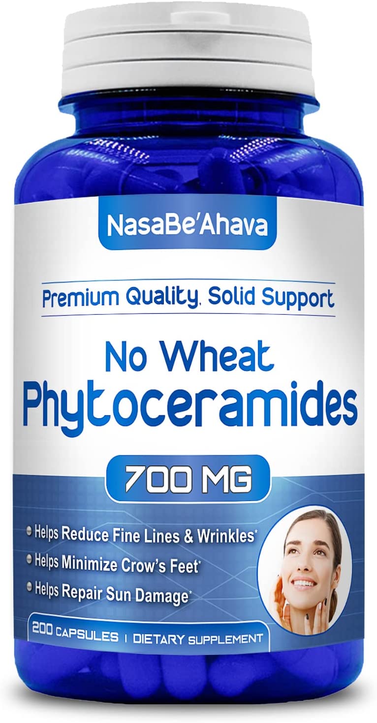 Front of NasaBe'Ahava No Wheat Phytoceramides 700mg dietary supplement bottle.