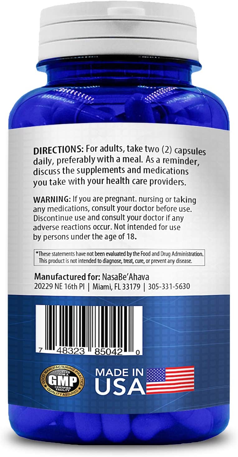 Resveratrol 1000mg directions, manufacturer and warning label on back of bottle.