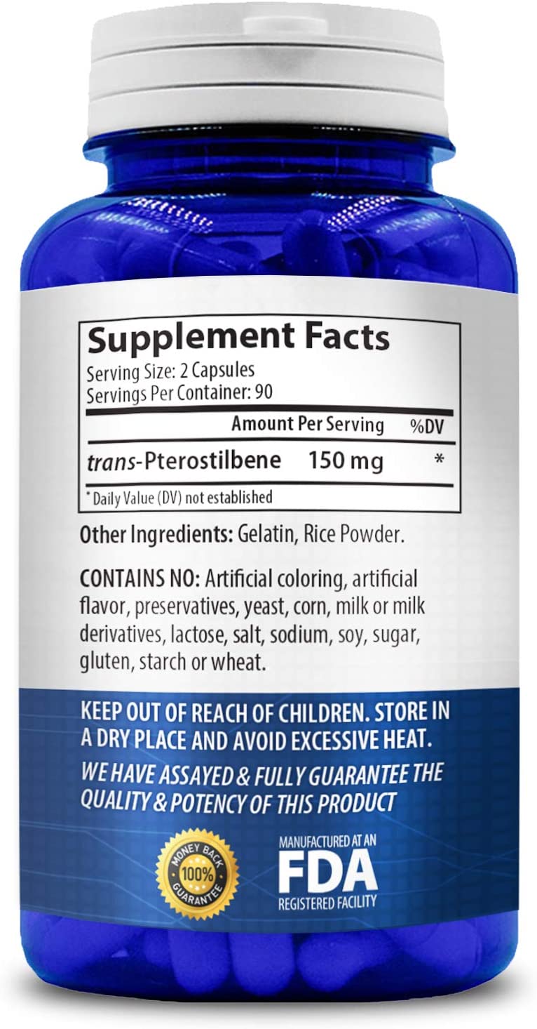 Pterostilbene 150mg supplement facts, manufacturer and ingredients label on back of bottle.